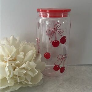 Cherry Print Clear Jar with Red Lid